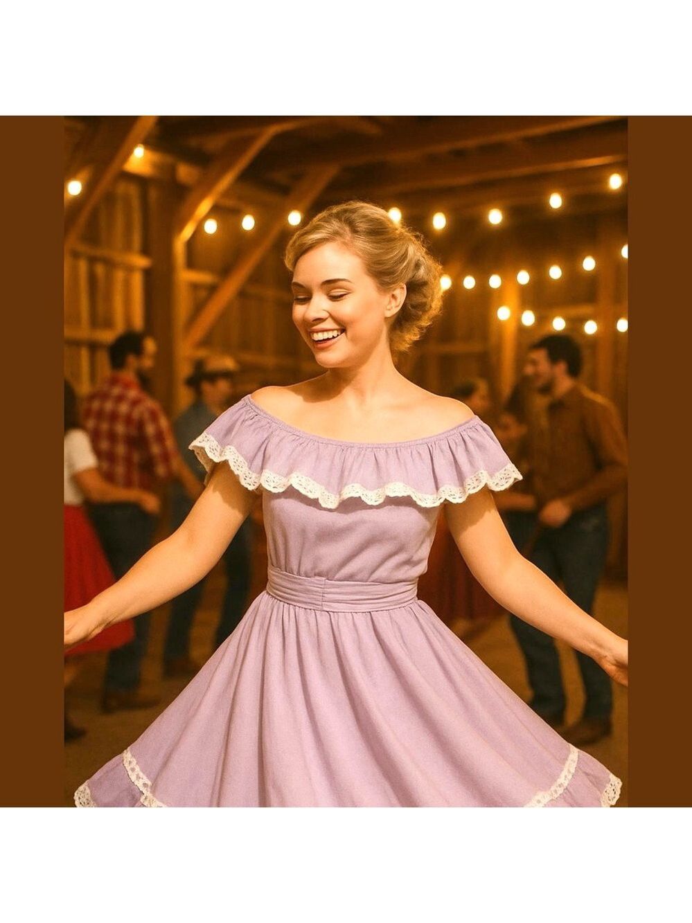 70s JERI BEE COTTON BLEND PURPLE & WHITE OFF SHOULDER SQUARE DANCING DRESS SZ L